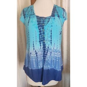 F49 Emma G half button turquoise & blue tie dye top cap sleeves lace embroidery